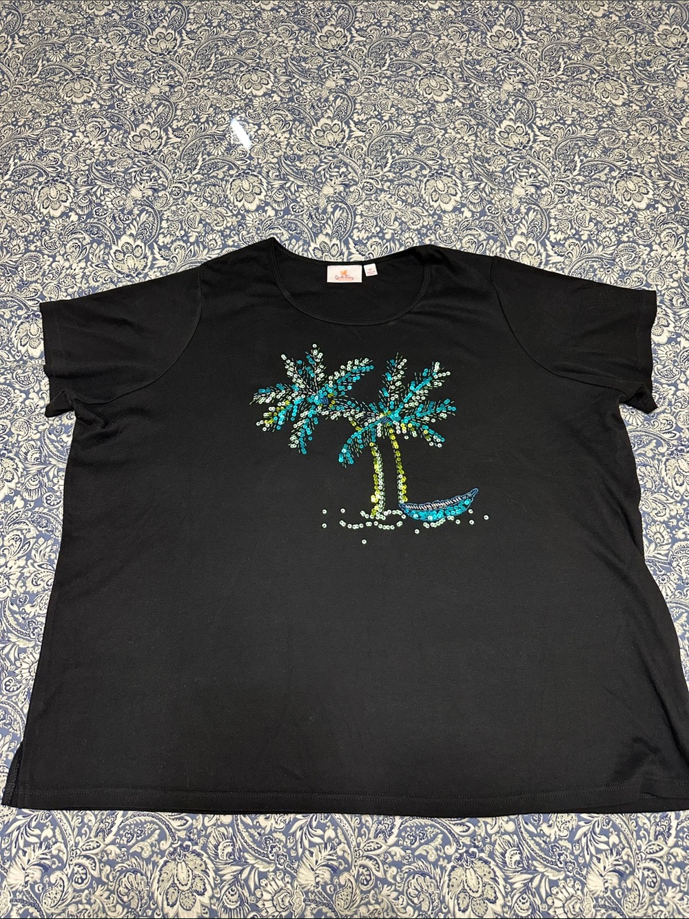 Quacker Factory Black Palm Tree Sequin Top